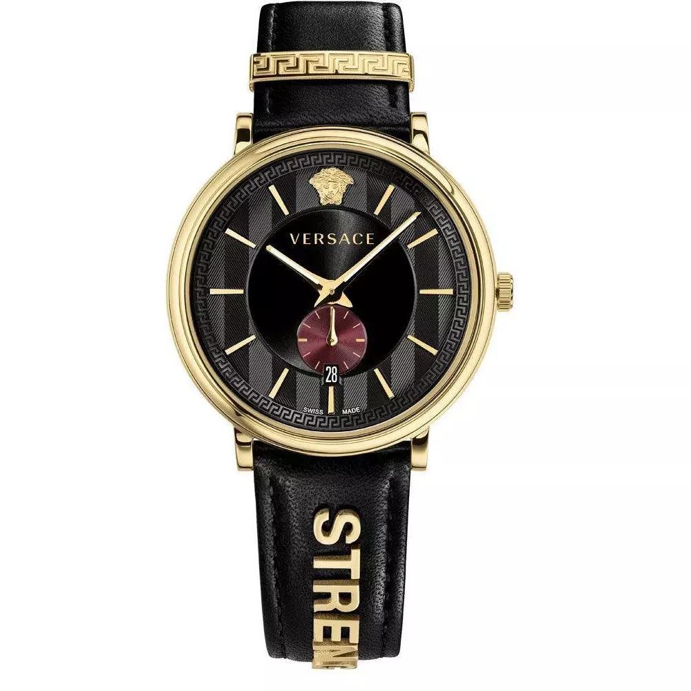 Versace VBQ050017 V-Circle 42mm Gold Tone Black Leather Strap Women's Watch