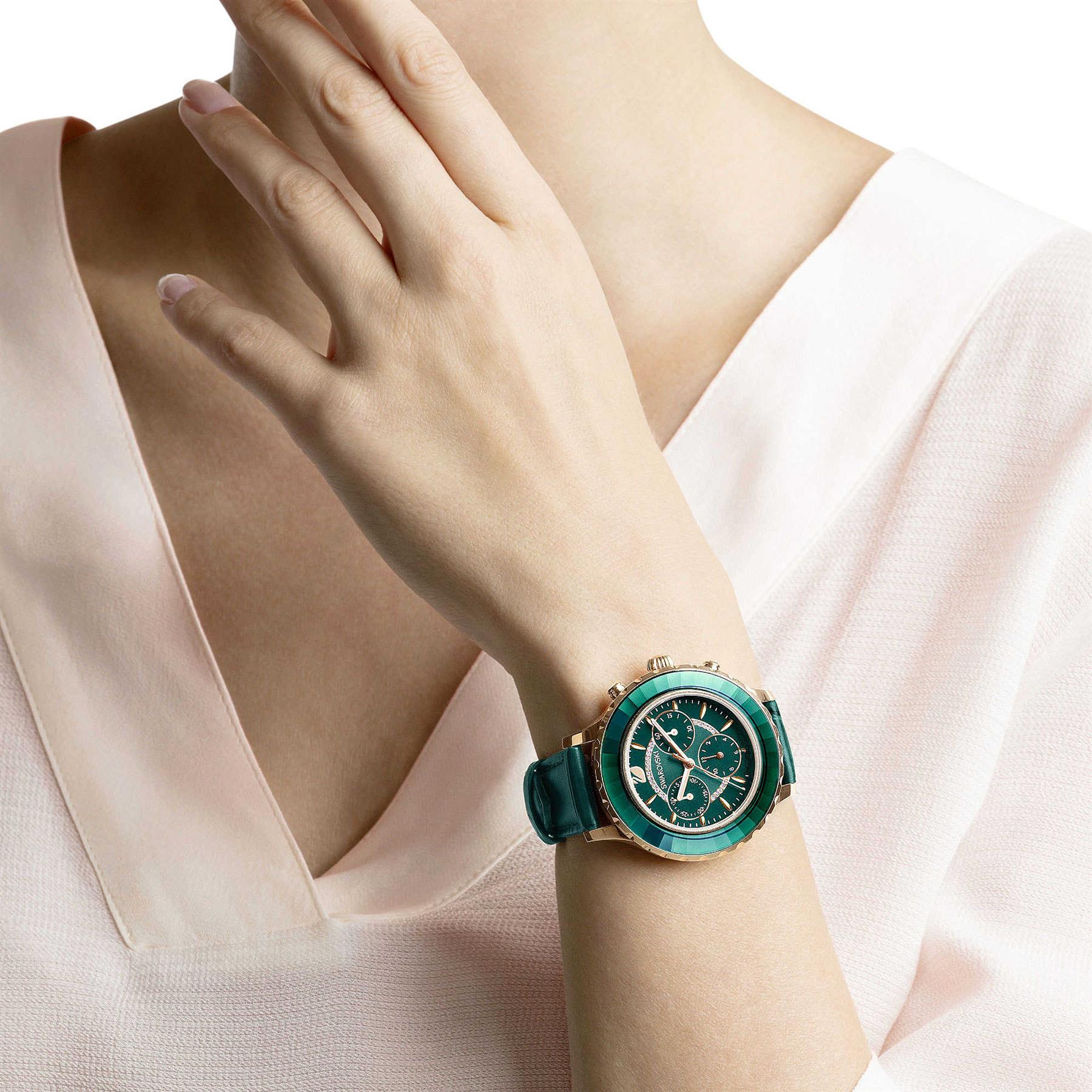 Swarovski Octea Lux Chrono Watch, Leather Strap, Green, Rose-Gold Tone PVD