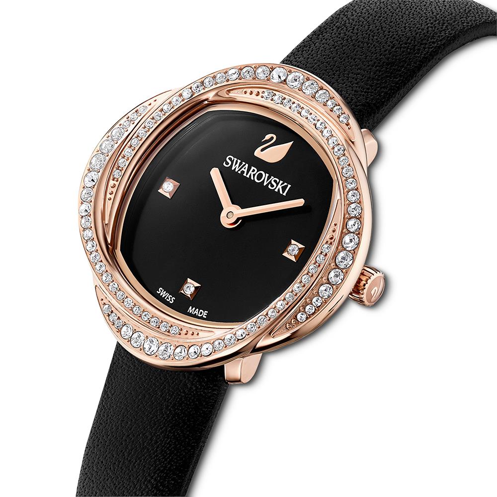 Swarovski 5552421 Crystal  Leather Strap Black Rose Gold Tone Women's Watch