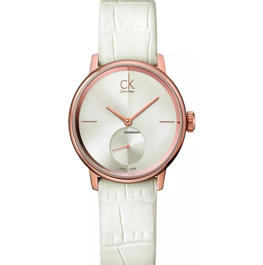 Calvin Klein K2Y236K6 Accent Silver Dial White Leather Women's Watch - Watch Home™