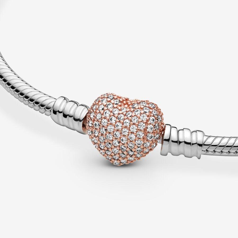 Pandora Moments Pave Heart Clasp Snake Chain Bracelet 18 cm