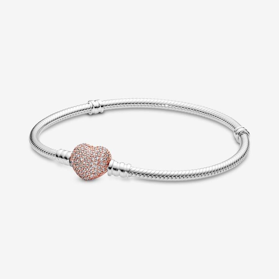 Pandora Moments Pave Heart Clasp Snake Chain Bracelet 22 cm