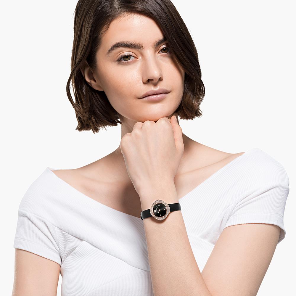 Swarovski 5552421 Crystal  Leather Strap Black Rose Gold Tone Women's Watch