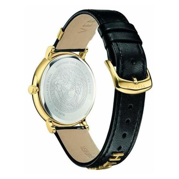 Versace VBQ050017 V-Circle 42mm Gold Tone Black Leather Strap Women's Watch