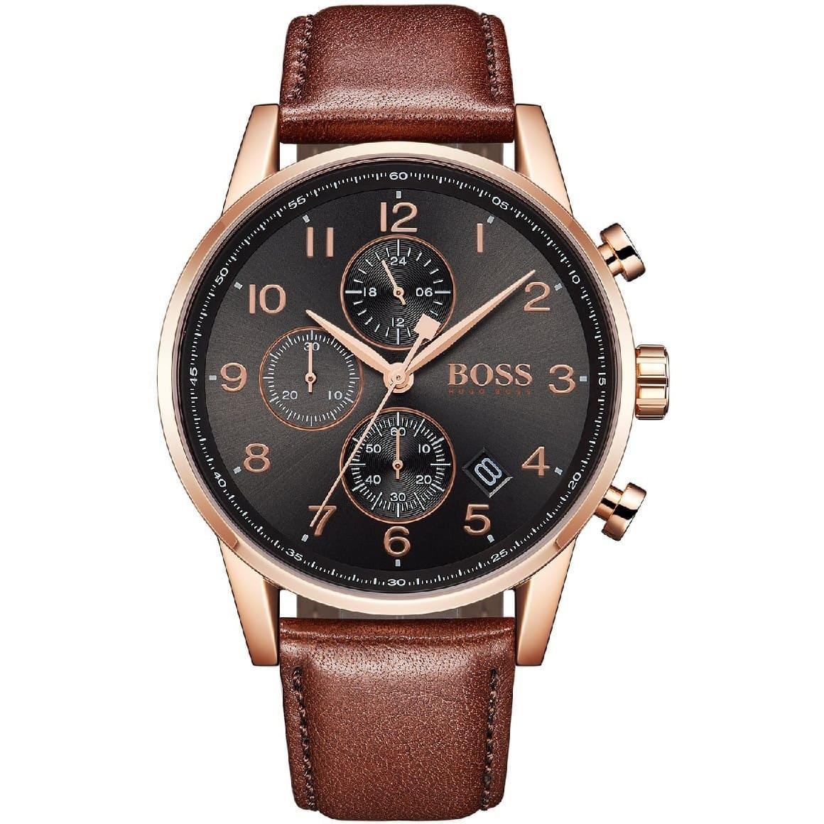Hugo Boss 1513496 Chronograph Navigator Brown Leather Strap Men's Watch - Watch Home™